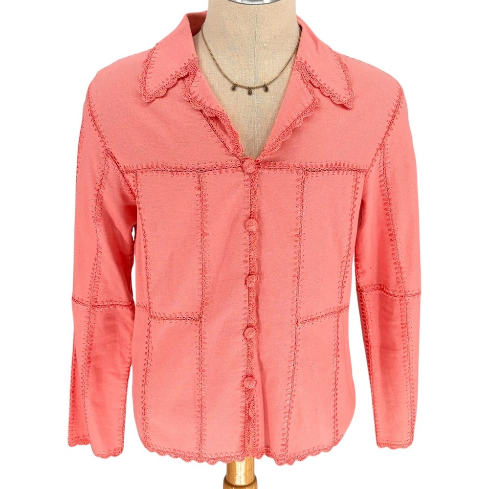 Dressbarn Button Front Shirt Medium Coral Pink Linen Cotton Patchwork Boho